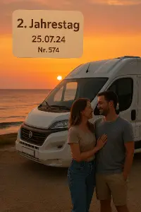 2. Jahrestag, 25.07.24, Nr. 574, západ slunce nad mořem obytné auto fiat ducato, manželé neformální oblečení