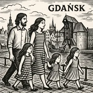 Černobílá kresba. Muž, žena a 2 dcery, dlouhé vlasy, pruhované šaty. Jdou vlevo. Vpravo je přístav v Gdaňsku.