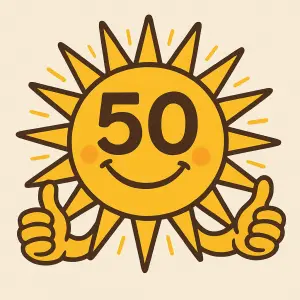 slunce, které má jako oči číslo 50 usmívá se a má kolem sebe paparsky a ukazuje oběma rukama jako palce nahoru (jako OK)