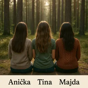 3 kamaradky jak sedi v lese zady . A Podtim jmena Anička, Tina a Majda