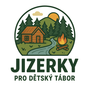 Vygeneruj mi logo s názvem Jizerky pro dětský tábor, kde je chatička, potok, táborák, příroda..