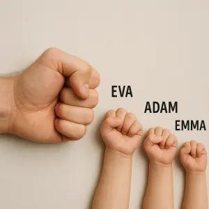 Vlevo pěst otce, vpravo 3 pěsti děti s jejich jmény
