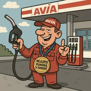 Kreslený vtipný obrázek nejlepší pumpař v Evropě, čerpací stanice avia