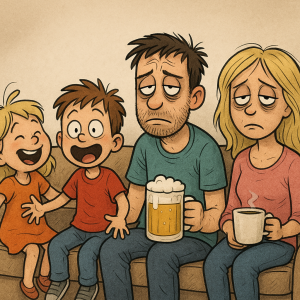 vtipný obrázek rodiny dvě děti, táta a máma unavený, káva, pivo, dej tam holku a maminku blond, unavený oba rodiče. :-)
