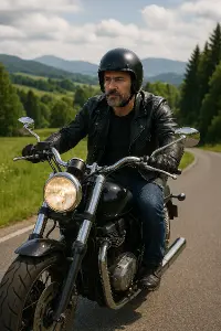 muž na motorce na silnici, příroda v pozadí