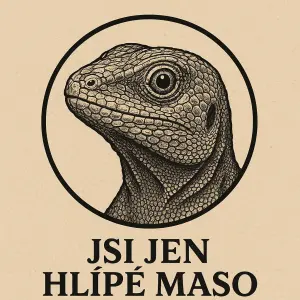 Hlava ještěrky v kruhu a pod nim napis. Jsi jen hlipe maso
