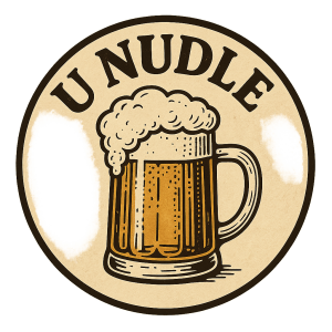 Nápis název hospody U nudle plus obrázek piva, kulaté logo