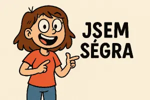Humorná holka ve stylu cartoon vedle s nápisem ,,jsem ségra”