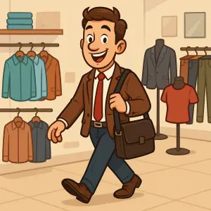 Cartoon styl, muž stylově oblečený s taškou na pc,bez brýlí, více veselý a at je vidět ze dělá v obchodě s oblečením