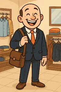 Cartoon styl, muž hezky oblečený s taškou na pc,bez brýlí, více veselý, malo vlasů, dělá v obchodě s oblečením
