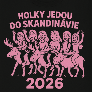 5 holek který jedou do Skandinávie, nějaký vtipný s rokem 2026, růžové barvy na černé triko, holky jako, losy,