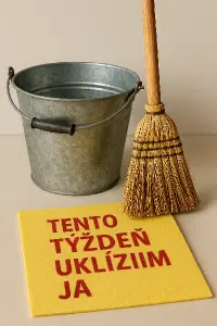 kyblík, koště a hadr s nápisem Tento týden uklízím já