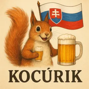 Veverka, která drží pivo a mává slovenskou vlajkou s nápisem Kocúrik