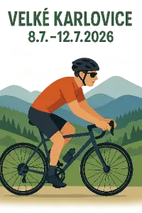 OBRÁZEK BEZ POZADÍ, OBRÁZEK KDE JE CYKLISTA NA KOLE A ZA NÍM POZADÍ HOR, KOPCE. TEXT: VELKÉ KARLOVICE, 8.7.-12.7.2026