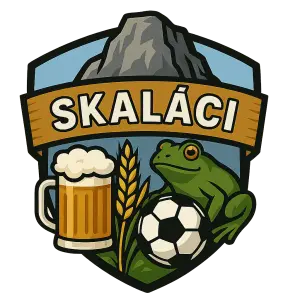 Logo fotbalového klubu, v pozadí bude skála a ve předu pivo, pšenice, žába a fotbalový míč. Jméno klubu je Skaláci.