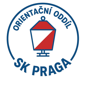 Logo orientačního oddílu SK Praga v oddílových barvách červená, modrá, bílá a lampion pro orientační běh
