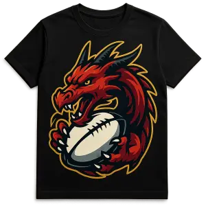 A powerful sports logo design for a t-shirt, featuring a fierce dragon head gripping or wrapping around a rugby ball, mo