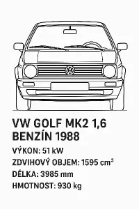 Obrys předku vw golf mk2 1.6 benzin 1988 s technickými parametry pod tím