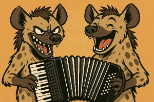 dvě hyeny hrají na klávesový akordeon. Jedna hyena se šklebí, druhá hyena se směje. Obrázek ve stylu komiks.