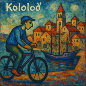 ciklista na kole přijizdi do pristav, historice mesto v chorvatcko, format čverec, napis "Kololod´" styl chagall