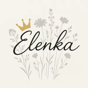 Psacím písmem Elenka, nad E bude našikmo princeznovská korunka. Za nápisem bude silueta lučních květů