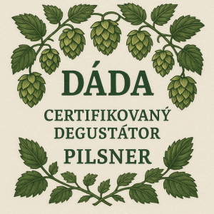 Chmelové šišky okolo nápisu DÁDA nahoře uprostřed. Pod tím ve středu a 2 řádkách text:Certifikovaný degustátor Pilsner