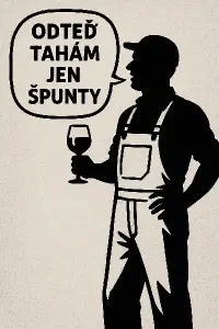 silueta muže v monterkách se sklenicí vína, jak říká "odteď tahám jen špunty"