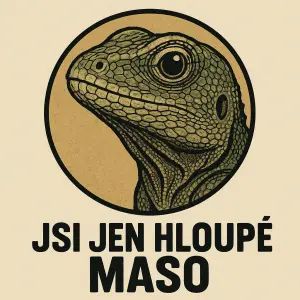 Hlava ještěrky v kruhu a pod nim napis. Jsi jen hloupé maso