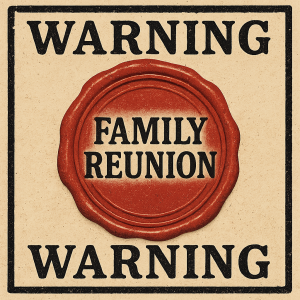 Kolečko jako pečeť přes které je napsáno family reunion a okolo te pečete uvnitř rámu je napsáno warning