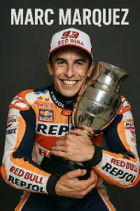 zepředu uprostřed fotka marca marqueze jak objíma svuj posledni titulový pohár. do toho napis Marc Marquez
