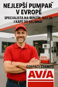 text nejlepší pumpař v Evropě, specialista na benzín, naftu i kafe do kelímkučerpací stanice avia