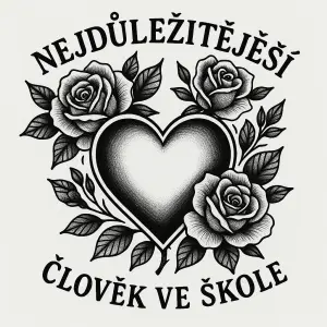 Černobílé srdce s růžemi ve stylu tetování, nápis: nejdůležitější člověk ve skole. Větším písmem nejdůležitější.