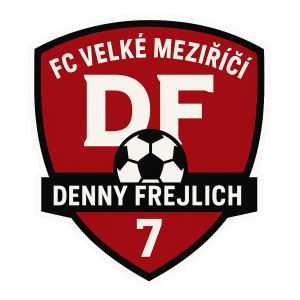 Vygeneruj Logo FC Velké Meziříčí s inicialy hrače Denny Frejlich a číslo 7