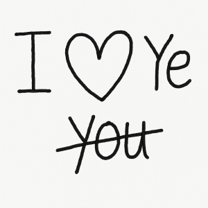 text "I love you", heart instead of "love" and "you" striked with "Ye" written over it written by mouse on computer