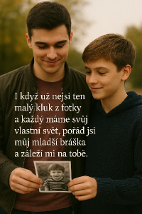 „I když už nejsi ten malý kluk z fotky a každý máme svůj vlastní svět, pořád jsi můj mladší bráška a záleží mi na tobě.