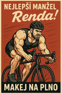 Kulturista na koleNapis: Nejlepší manžela Renda! Slogan: Makej na plno