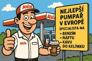 kreslený komiks obrázek čerpací stanice avia, nejlepší pumpař v Evropě, specialista na benzín, naftu i kávu do kelímku