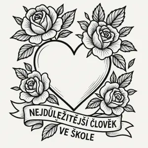 černobílé srdce s růžemi ve stylu tetování, bez černých ploch, nápis: nejdůležitější člověk ve škole