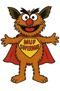 Muf z pořadu Studio Kamarád s nápisem Muf SuperMuf, cartoon, bez pozadí