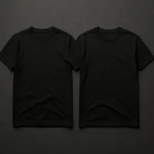 PROMPT:Create a realistic premium apparel mockup showing two black T-shirts side by side on a dark gray studio backgro