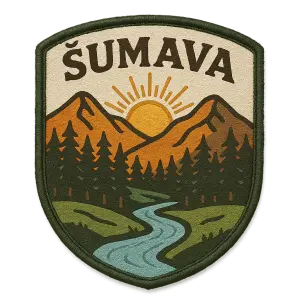 Design an embroidered hat patch inspired by Šumava, Czech Republic. Round or shield-shaped patch, clean vector style, s