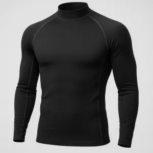 Professional product photograph of a black technical compression long-sleeve athletic shirt (rashguard style) with a hig