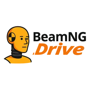Logo hry BeamNG Drive, vlevo od loga obrázek testovacího panáka z té hry.