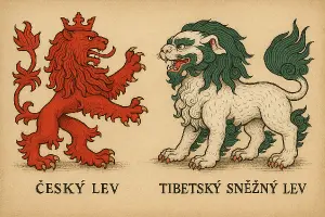 Českého lva a tibetského sněžného lva stojící proti sobě