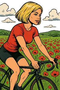 Komiks, krajina červený vlčí mák, žena cyklistka, blond vlasy na mikádo, krásná postava, bez pozadí
