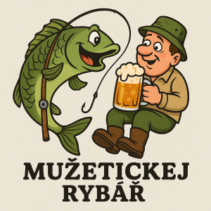 Karikatura Veselého kapra co chytá rybáře, který drží půllitr s pivem a pod nimi je nápis mužetickej rybář
