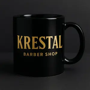 Zlatý nápis KRESTAL pro Barber shop na černém hrnku