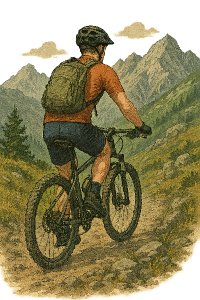 Cyklista běloch, projíždí horskou krajinou na kole, záběr zezadu, bez pozadi