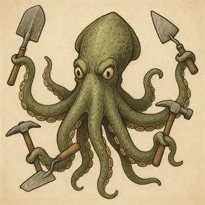 kraken nebo krakatice ktera drzi v chapadlech v kazdem zvlast lopatu,krumpac,zdnickou lzici , kladivo,