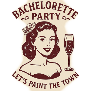 Styl grafiky: vintage bachelorette party, elegantní retro potisk v jedné barvě (tmavě červená / vínová), čisté vektorové